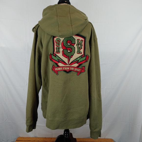 Vintage SHMACK Army Green Zip Up Hoodie Jacket Back Patch Size XL - Picture 2 of 16